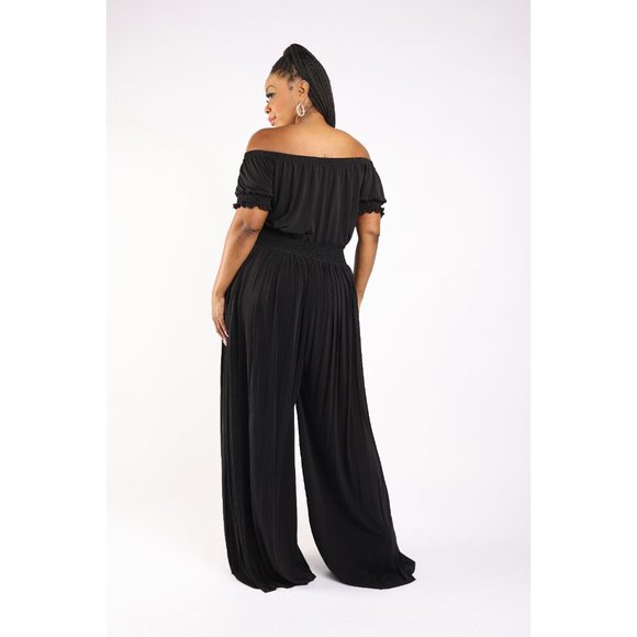 Women's Pleated off Shoulder Jumpsuit Plus Size 1X 2X 3X BLACK RED - Picture 8 of 11